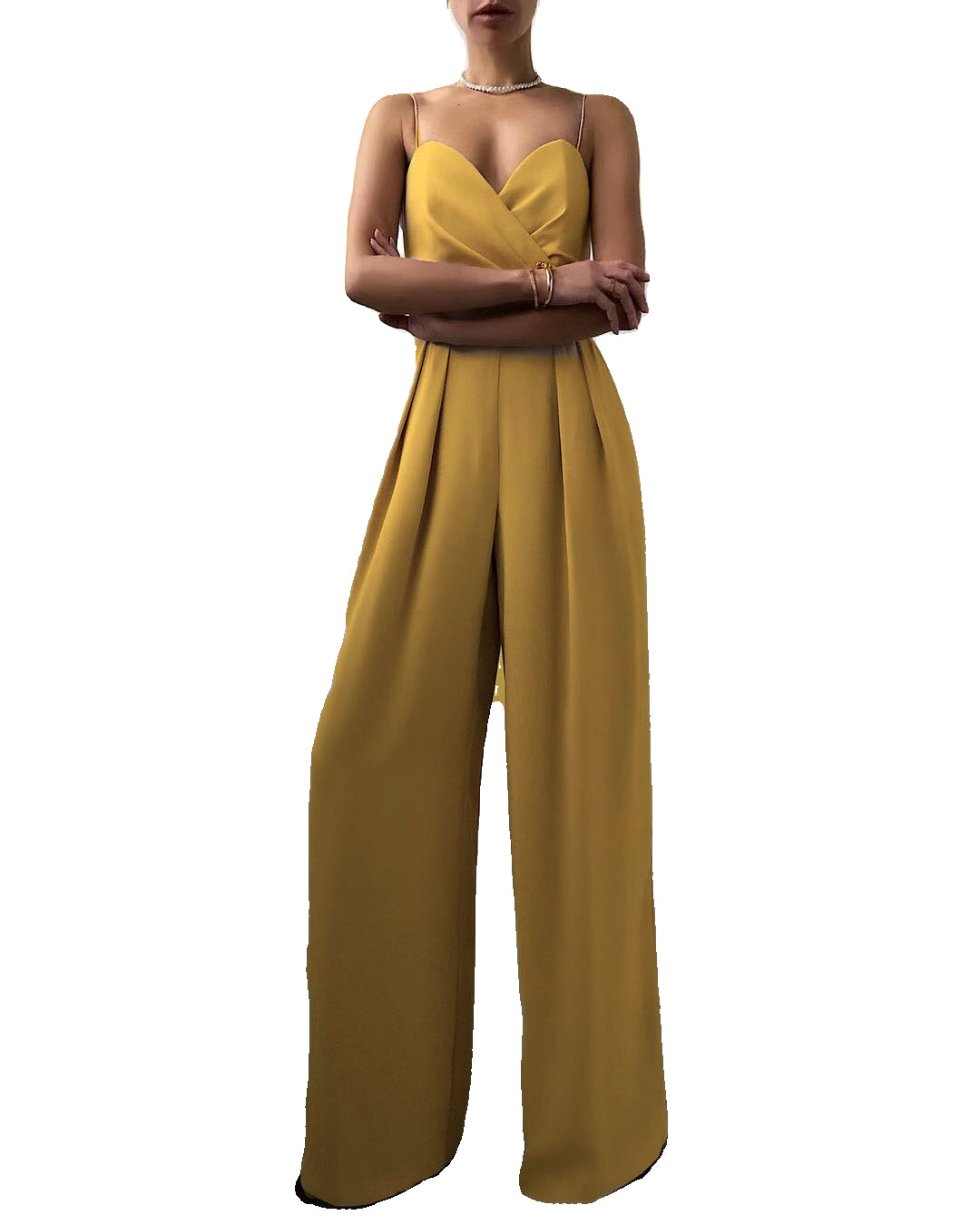 Yellow Wide-Leg Jumpsuit for Women | Elegant Evening Outfit 7