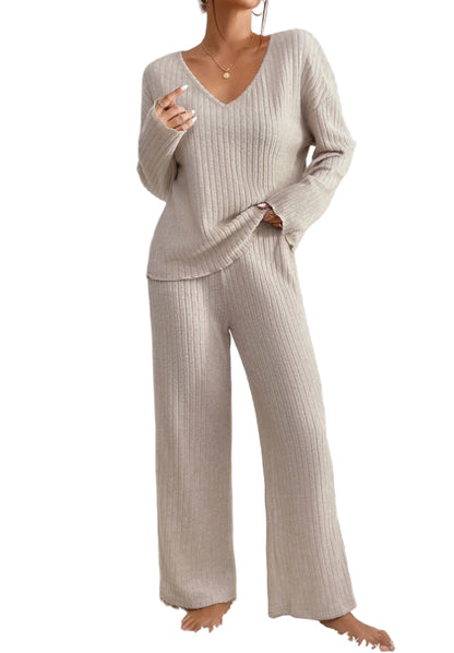 Beige Ribbed Knit Loungewear Set for Women | Cozy Outfit 13