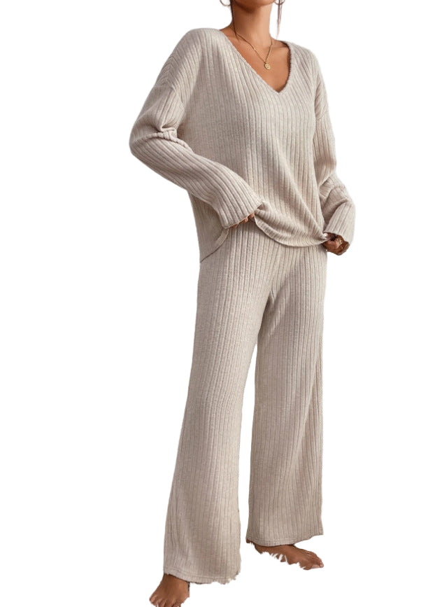 Beige Ribbed Knit Loungewear Set for Women | Cozy Outfit 15