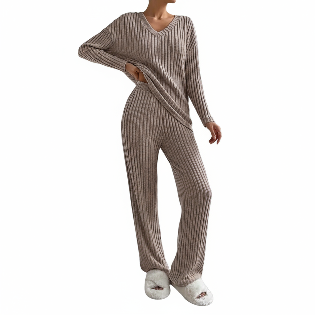 Beige Ribbed Knit Loungewear Set for Women | Cozy Outfit 8