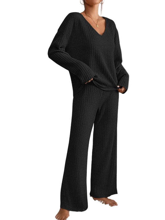 Black Ribbed Knit Loungewear Set for Women | Cozy Outfit 12