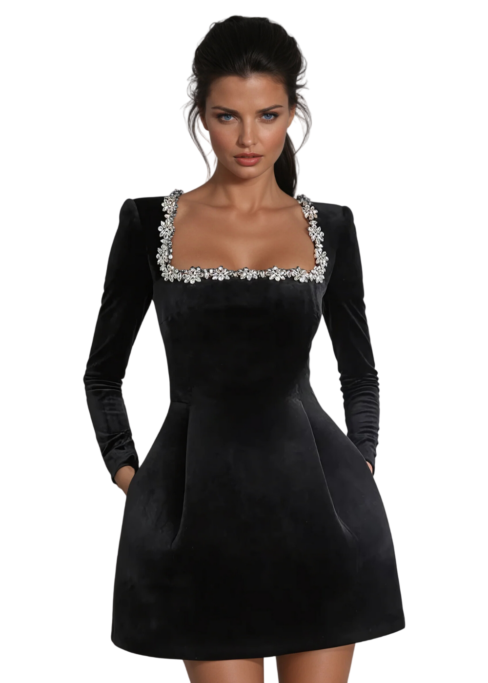 Black Velvet Mini Dress with Floral Trim | Elegant Party Wear 3