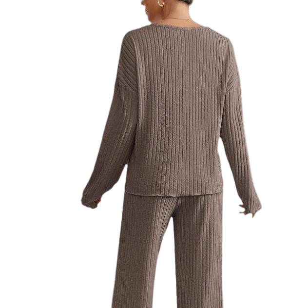 Brown Ribbed Knit Loungewear Set for Women | Cozy Outfit 14