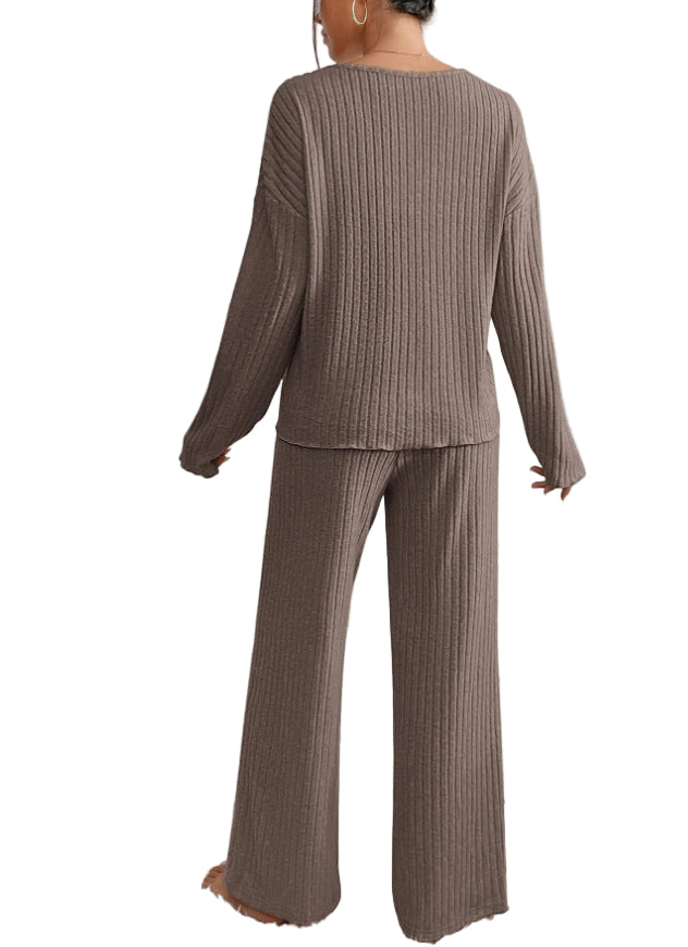 Brown Ribbed Knit Loungewear Set for Women | Cozy Outfit 16