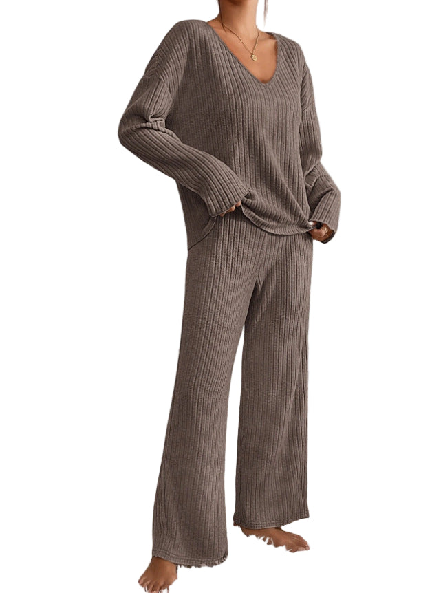 Brown Ribbed Knit Loungewear Set for Women | Cozy Outfit 2