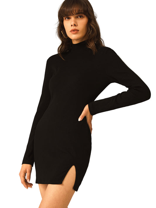 Elegant Black Turtleneck Sweater Dress for Women with Side Split Design 0