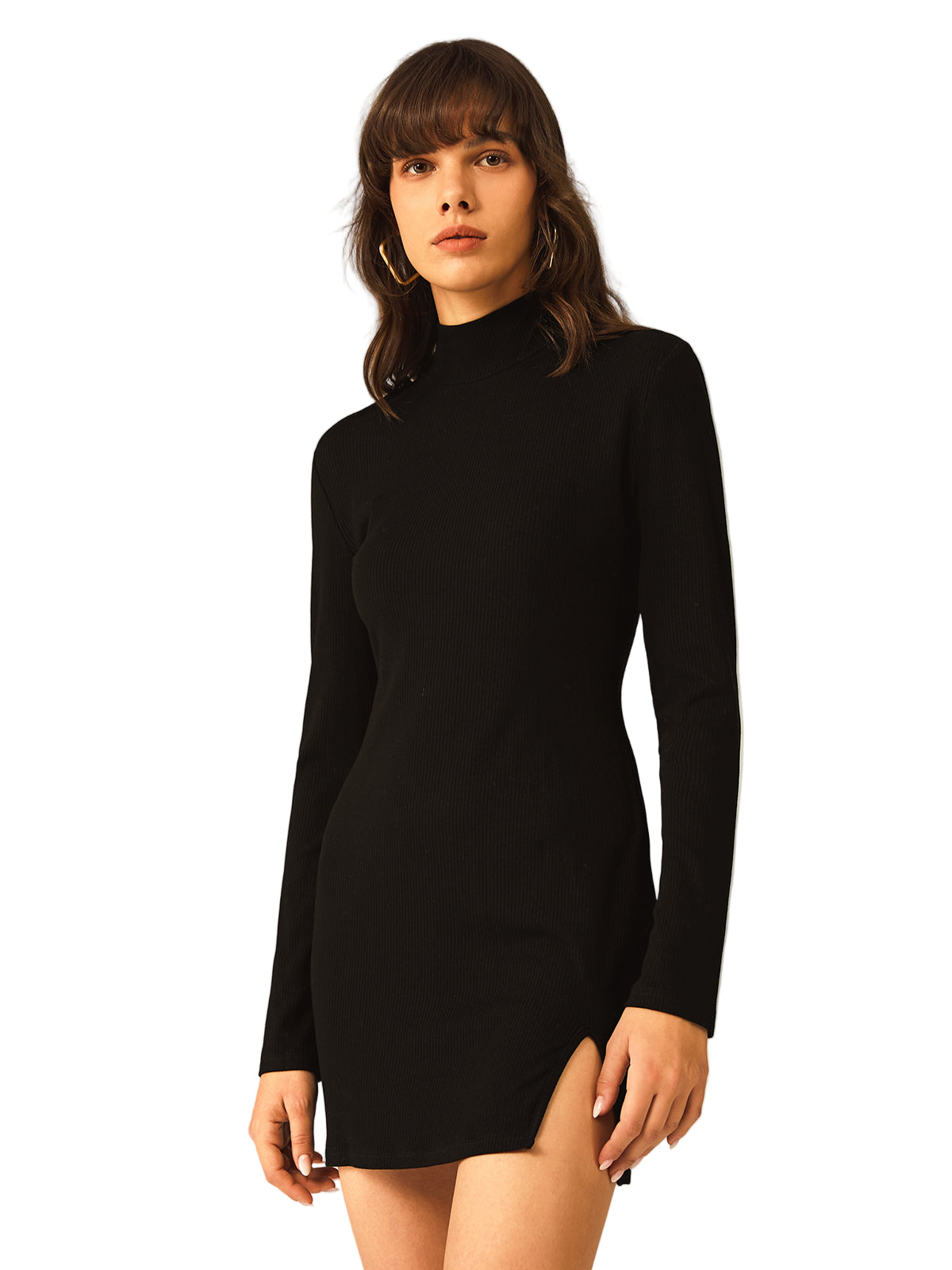 Elegant Black Turtleneck Sweater Dress for Women with Side Split Design 1