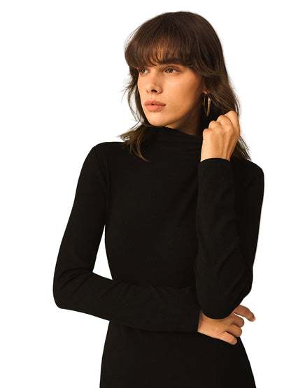Elegant Black Turtleneck Sweater Dress for Women with Side Split Design 3