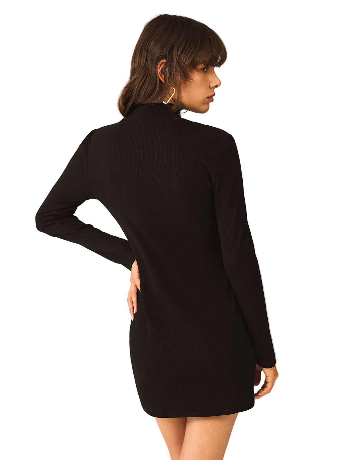 Elegant Black Turtleneck Sweater Dress for Women with Side Split Design 4