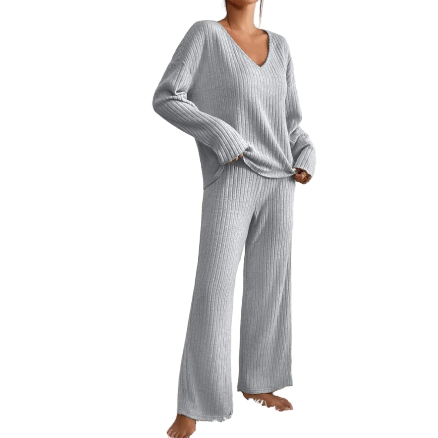 Gray Ribbed Knit Loungewear Set for Women | Cozy Outfit 4