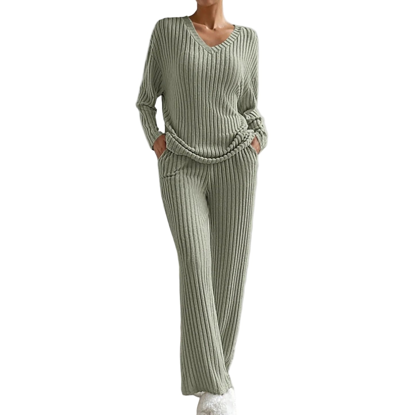 Green Ribbed Knit Loungewear Set for Women | Cozy Outfit 6