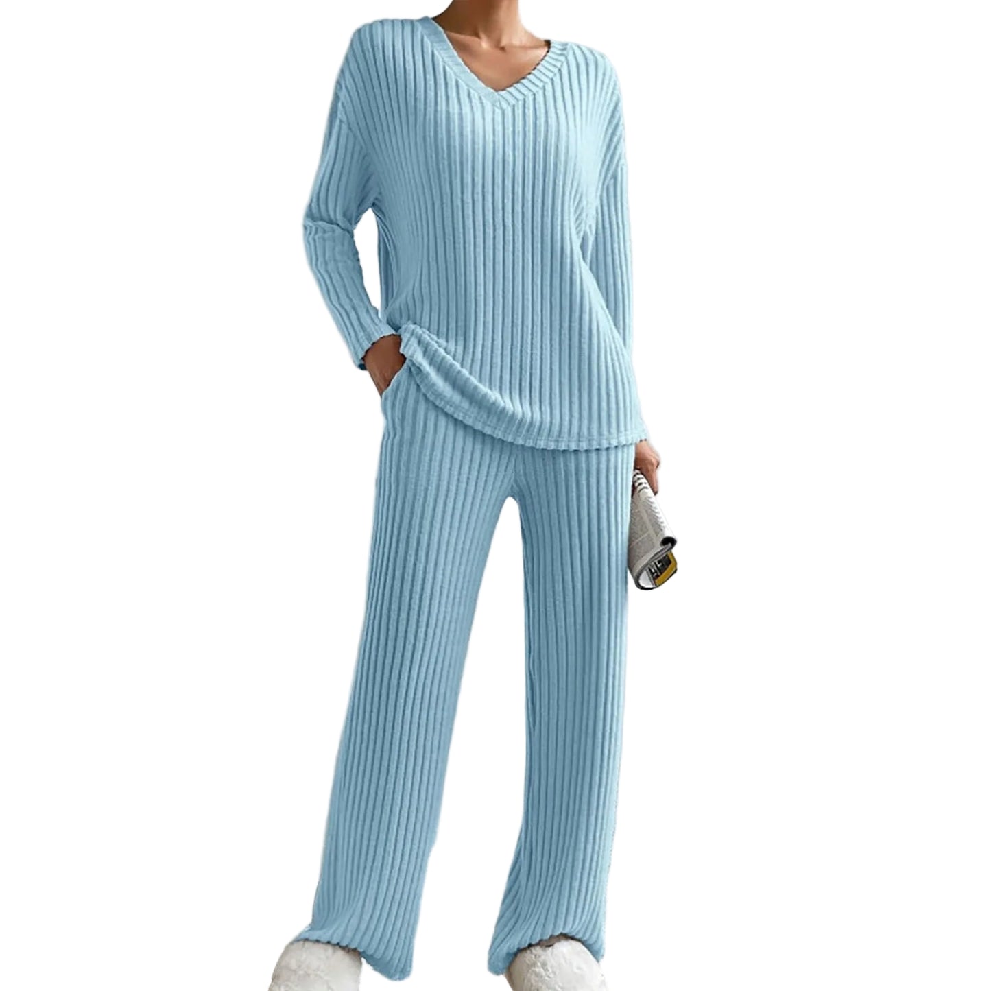Light blue Ribbed Knit Loungewear Set for Women | Cozy Outfit 7