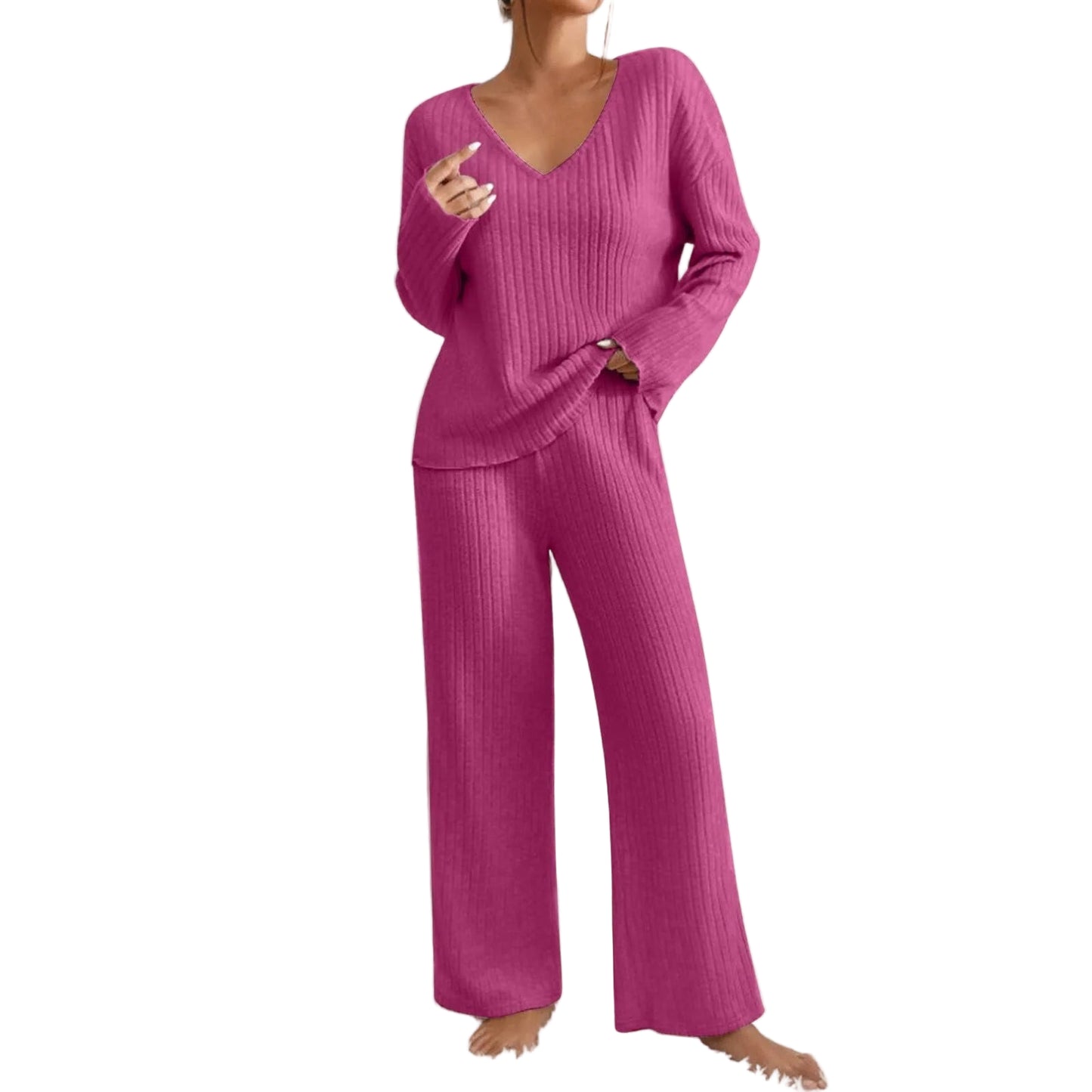 Pink Ribbed Knit Loungewear Set for Women | Cozy Outfit 3