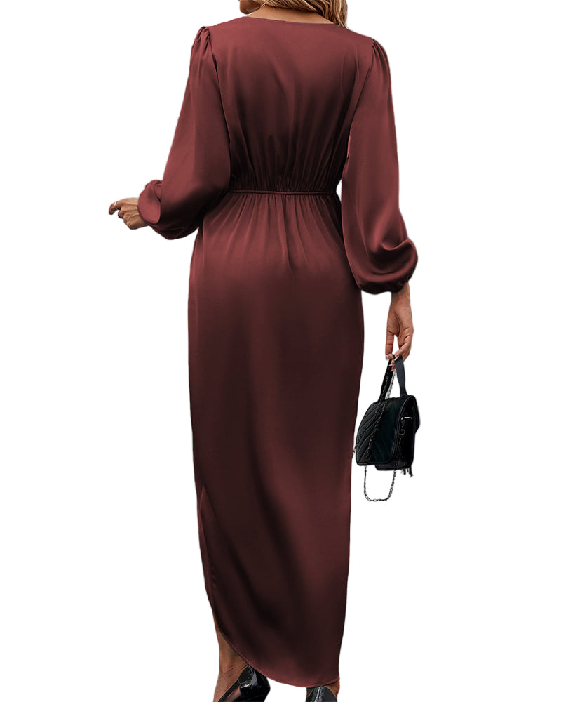 Wine Satin Wrap Dress for Women | Elegant Evening Outfit 2