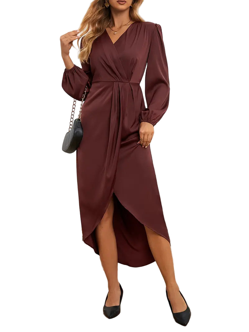 Wine Satin Wrap Dress for Women | Elegant Evening Outfit 4